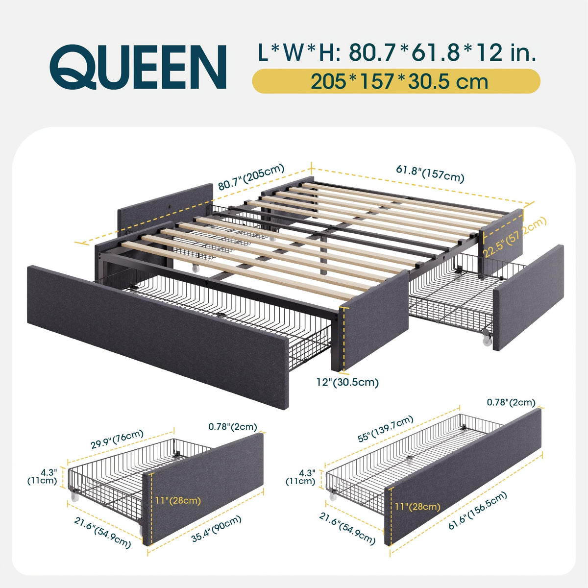 WEEWAY Storage Upholstered Platform Bed Frame, 3 Ample Storage Drawers, Large Under-Bed Space, Wooden Slats Support, No Box Spring Needed, Modern Mattress Foundation, Easy Assembly, Full/Queen Size, Black/Grey Color, for House to Live, Free Shipping