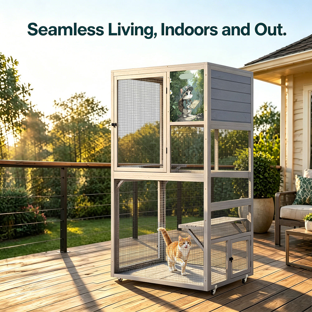 Catio on Wheels for Patio, Outdoor Cat Enclosure Window Access