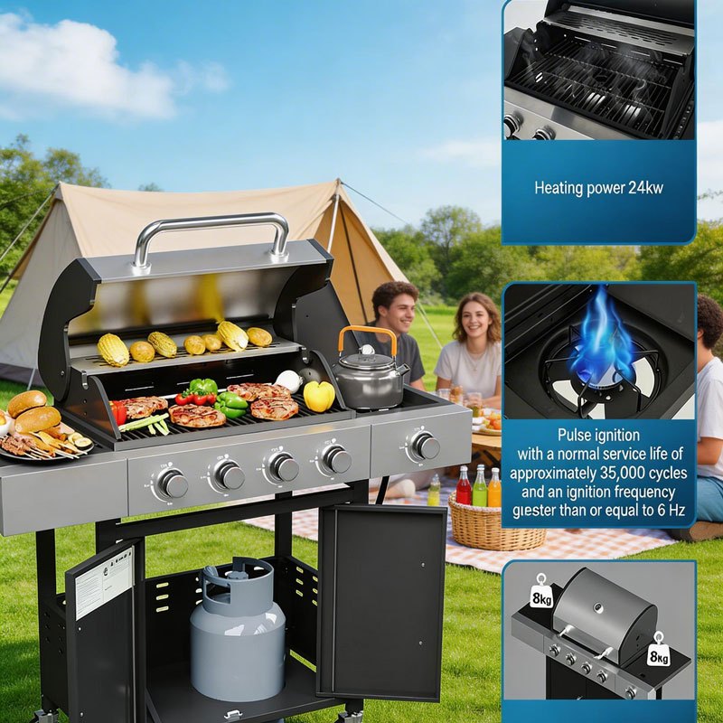 Upgraded 44000-49000 BTU 4-1 Burner Propane Gas Grill with Side Burner, Top thermometer, Outdoor BBQ Grill with Cast Iron Grates & Side Tables, 625 sq.in. Large Grilling Space for Summer Parties, Ideal for Backyard Patio & Camping, Black