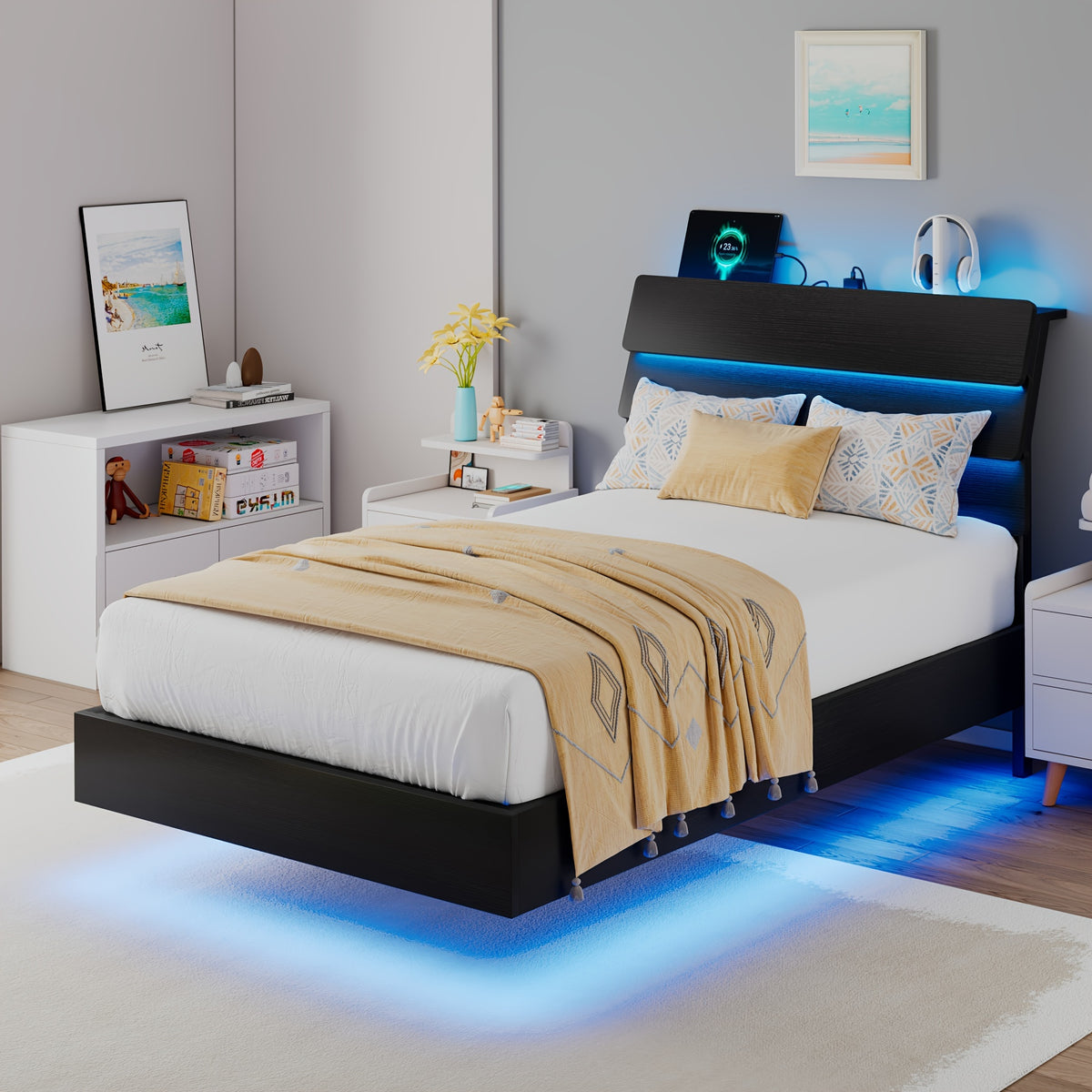 Valnase Floating Bed Frame with LED Lights & Charging Station, Platform Bed with Wooden Storage Headboard, Steel Slats Support, Easy Assembly