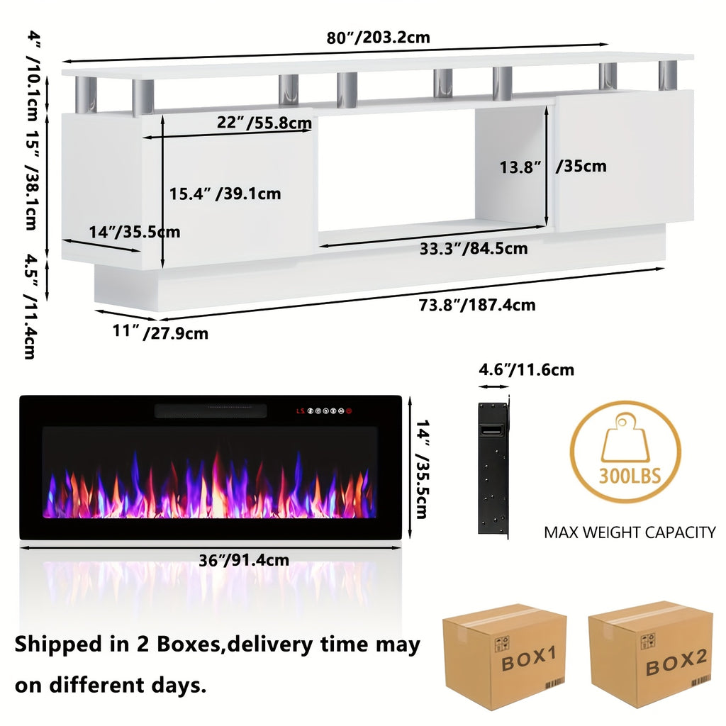 80 Inch LED Entertainment Center with 36 Inch Fireplace, for TVs Up to 90 Inches, Modern Wood TV Cabinet with High-gloss Storage, TV Stand with LED Light Strip Fireplace for Living Room