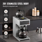 VEVOR Commercial Drip Coffee Maker, 12 Cups Coffee-Maker Machine with 2 Glass Carafes and 2 Decanter Warmer Plates, Stainless Steel Drip Style Coffee Brewer, for Restaurant, Office, Coffee Shop & Home