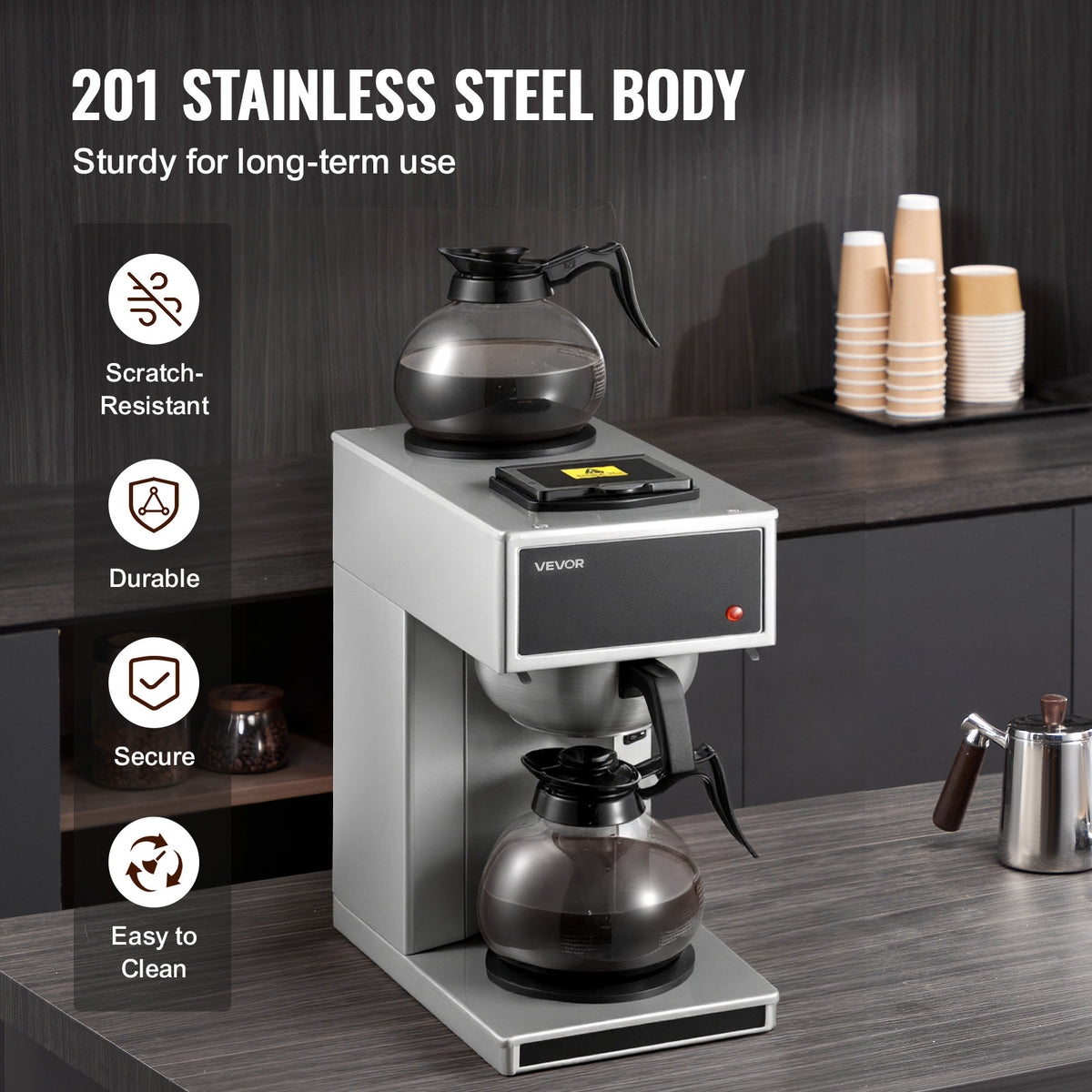 VEVOR Commercial Drip Coffee Maker, 12 Cups Coffee-Maker Machine with 2 Glass Carafes and 2 Decanter Warmer Plates, Stainless Steel Drip Style Coffee Brewer, for Restaurant, Office, Coffee Shop & Home
