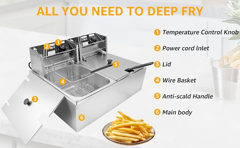 3.17gal Commercial Electric Deep Fryer, Stainless Steel Countertop Electric Fryers with Removable Tank and Lid