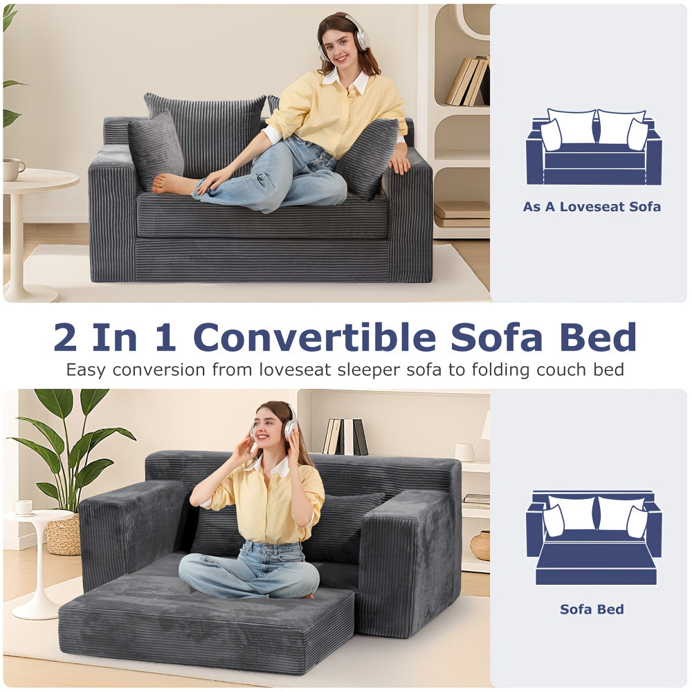 Convertible Sofa Bed, 3in 1 Loveseat Folding Couch Bed Foldable - Boneless Couch & Floor Futon Sleeper, Corduroy Pull Out Sofa Bed with 4 Pillows for Living Room