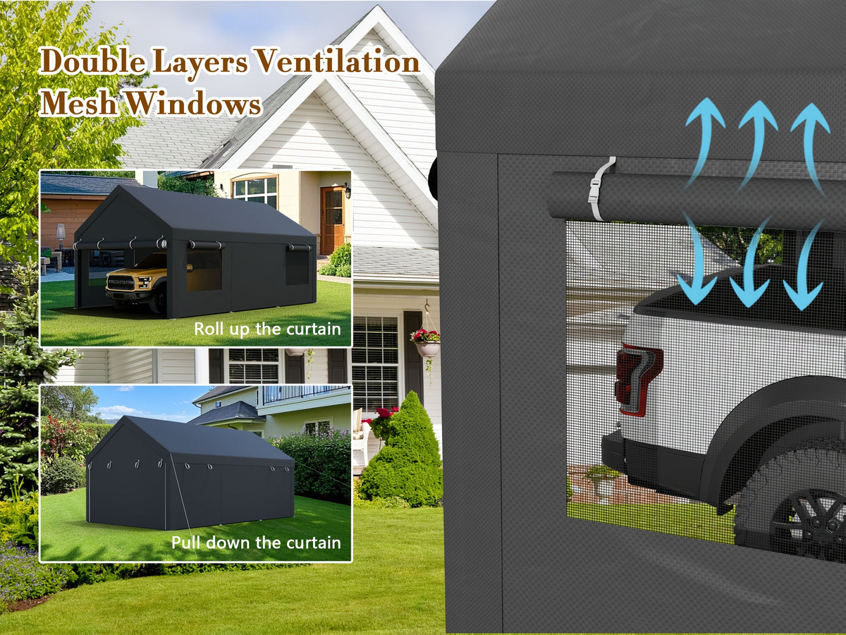 JAMFLY Sturdy Carport Featuring Roll-Up Ventilated Windows, Outdoor Canopy, Portable Garage Gazebo Equipped with Detachable Sidewalls & Doors for Vehicles, Truck, Boat, All-Season Tarp Car Canopy
