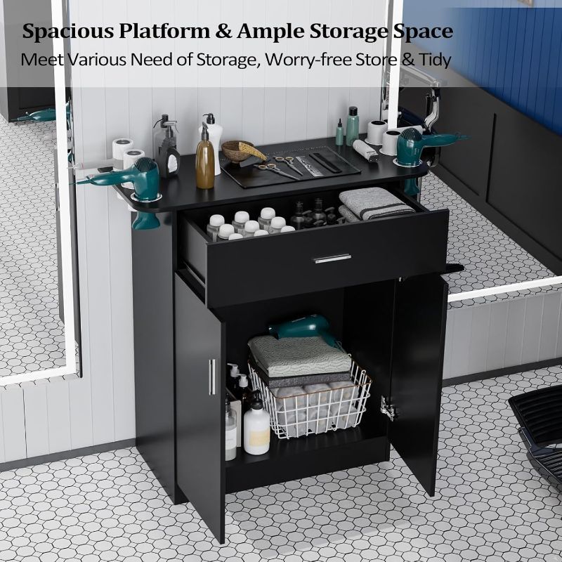 OmySalon Professional Salon & Spa Storage Station - Free Standing Barber Cabinet with Drawer, Large Storage Compartment, and 6 Hair Dryer Holders - Durable PVC, Hypoallergenic, Black