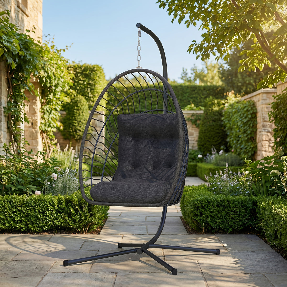 Hanging Egg Chair with Stand, Foldable Rattan Wicker Hammock Egg Swing Chair Solely for Outdoor, Porch, Patio, Garden, 350LBS Capacity, Grey