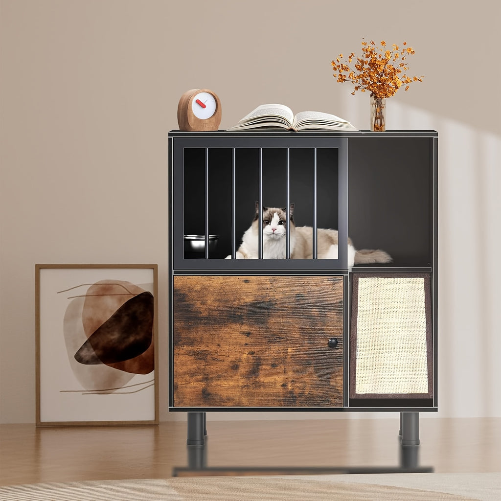 Dog-Proof Wood Cat Feeding Station with Lockable Storage And 2 Removable Stainless Steel Bowls - Anti-Spill Cat Condo with Scratching Board for Indoor Multi-Pet Homes