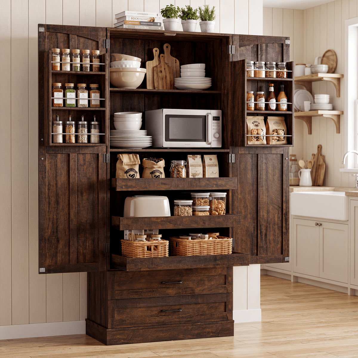 71 Inch Tall Kitchen Pantry Cabinet, Freestanding Wooden Storage Hutch with 3 Pull Out Shelves, 2 Large Drawers & 6 Door Shelves, Farmhouse Buffet Food Cupboard for Kitchen, Dining Room