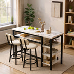3pcs Dining Room Table Set with Faux Leather Upholstered Bar Stools, Modern Farmhouse Style Dining Table Set with Multiple Tier Storage Shelves, MDF Table Top and Metal Frame, Counter Height Breakfast Nook Table Set for Small Spaces Family
