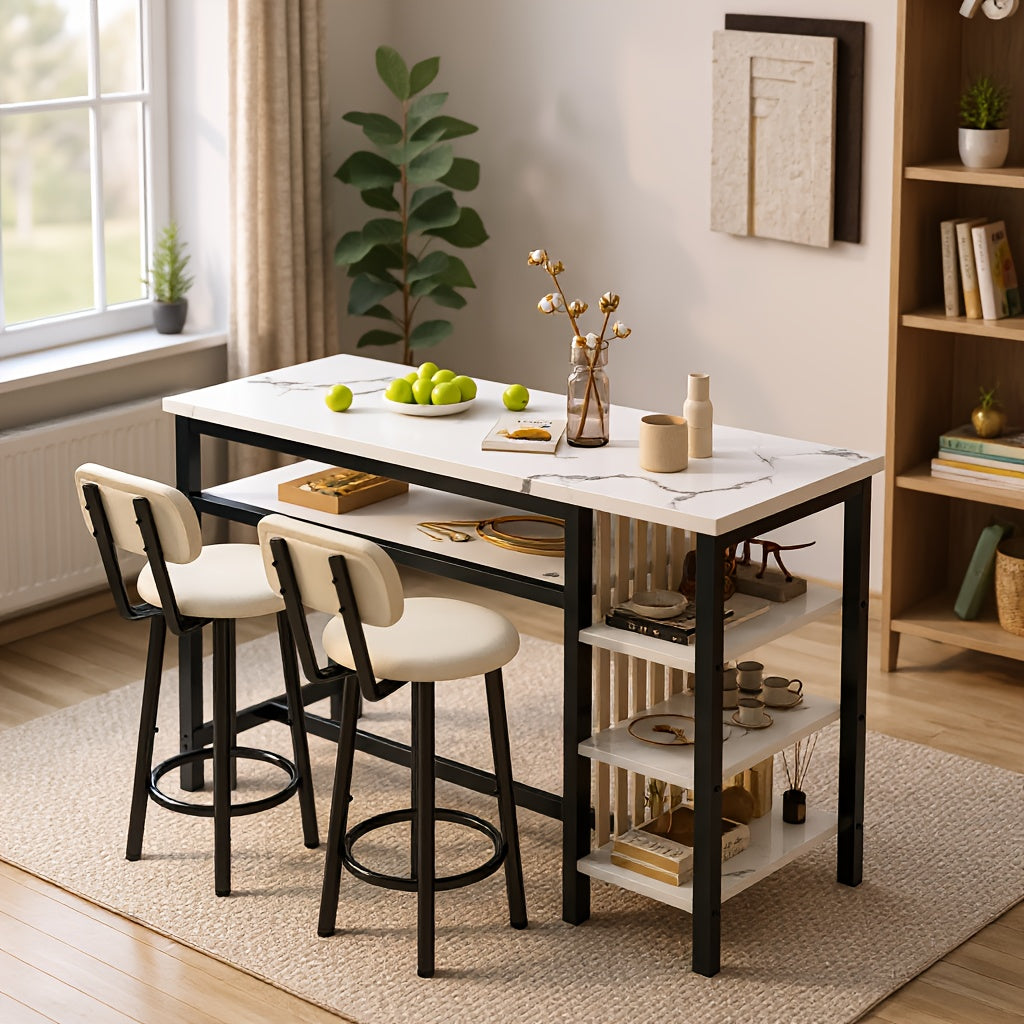 3pcs Dining Room Table Set with Faux Leather Upholstered Bar Stools, Modern Farmhouse Style Dining Table Set with Multiple Tier Storage Shelves, MDF Table Top and Metal Frame, Counter Height Breakfast Nook Table Set for Small Spaces Family