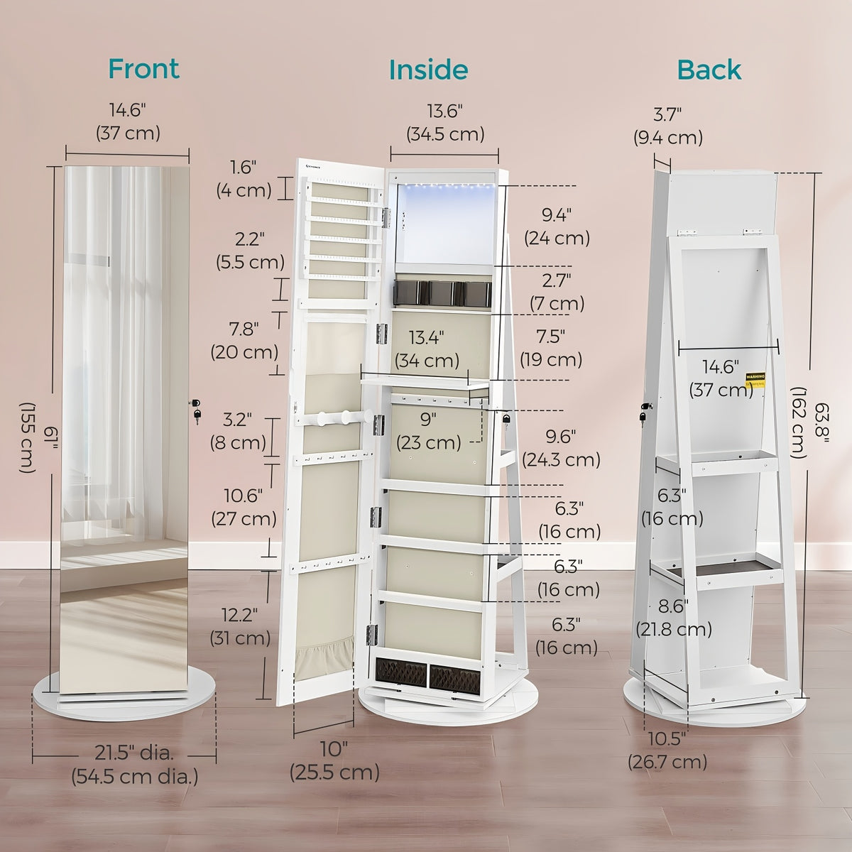 6 LEDs Lockable Mirror Jewelry Cabinet, 360° Swivel Jewelry Organizer Armoire Standing, Frameless Full-Length Mirror, 3 Storage Shelves, Christmas Gifts, Jewelry Armoires