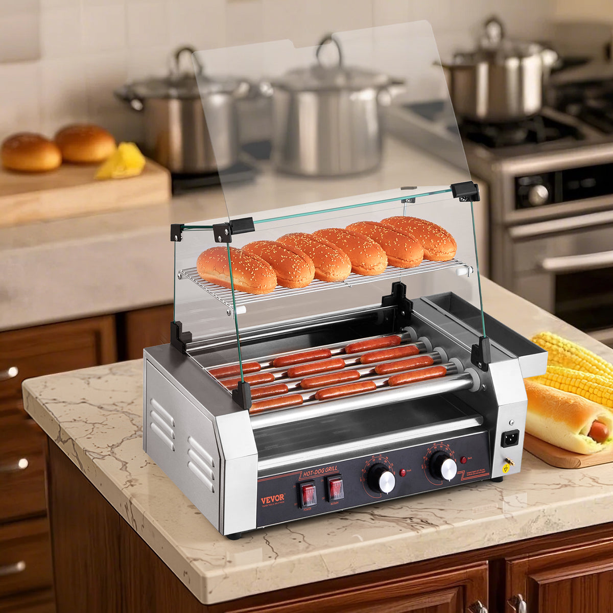 VEVOR Hot Dog Roller, 12 Hot Dog 5 Rollers, Stainless Steel Sausage Grill Cooker, 750W Commercial Hot Dog Machine with Dual Temp Control, Cover, Side Storage Box, Removable Shelf & Oil Drip Tray