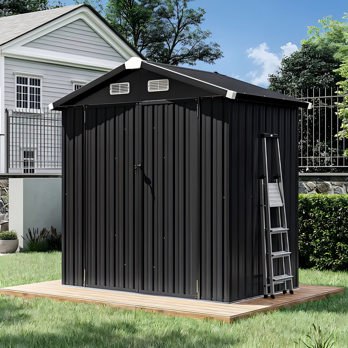 6X4 FT Outdoor Storage Shed, Metal Garden Shed with Lockable Doors, Sloping Roof, Ideal for Backyard, Patio, Poolside - Plastic, Tool, And Small Shed for Outdoor Storage
