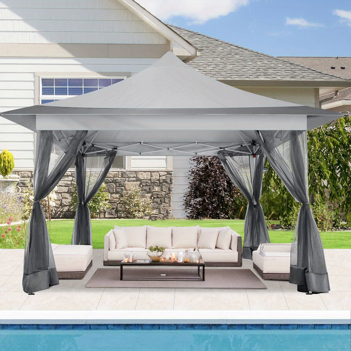 12x12ft Foldable Pop-up Tent, Home Decoration Party Canopy Gazebo with Mosquito Net, Including Carrying Bag and Sandbag, UV and Insect Repellent, Easy to Install, Perfect for Camping, Beach, Party, Yard, Villa, Lawn and Other Outdoor Events