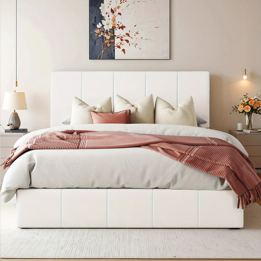WEEWAY Lift Up Storage Bed, Modern Velvet Upholstered Headboard, Hydraulic Platform Bed, Wooden Slats Support, Heavy Duty Mattress Foundation, No Box Spring Needed, Easy Assembly, Full/Queen/King Size, for House Bedroom Furniture, Free Shipping