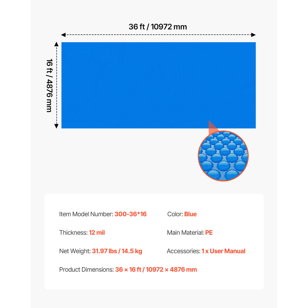 VEVOR Solar Pool Cover, 36 x 16 ft / 36 x 18 ft Rectangle Pool Bubble Cover, 12 Mil / 8 Mil Pools Solar Blanket with Bubble & PE Material, Daytime Heat Absorption, Nighttime Heat Retention, Heat Retaining Solars Covers, Blue