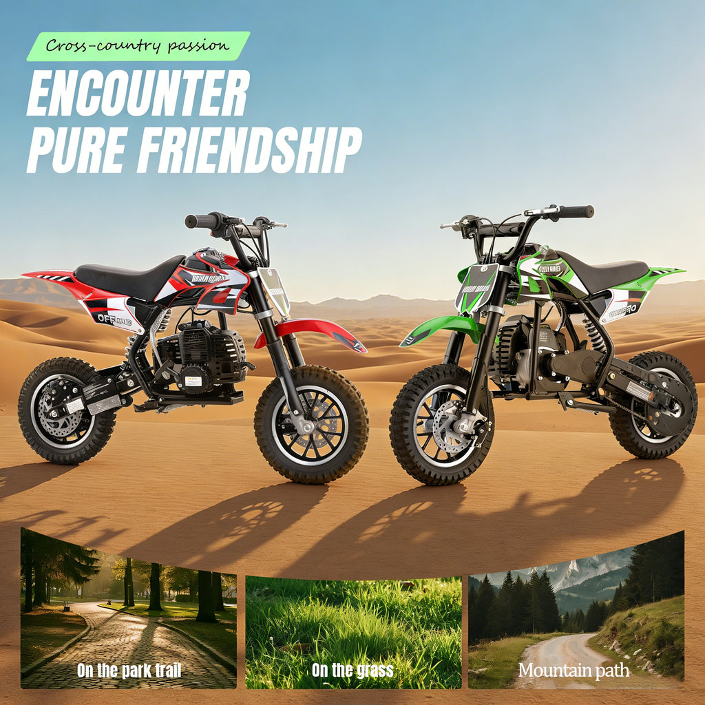4-Stroke Gas Mini Off-Road Racing Motorcycle, Pocket Motorcycle, Two-Stroke Off-Road Racing Motorcycle, Gasoline-Powered Off-Road Racing Motorcycle, Equipped with Off-Road Tires, Shock Absorbers, Pull Start, Front and Rear Disc Brakes, Top Speed 20 mph-