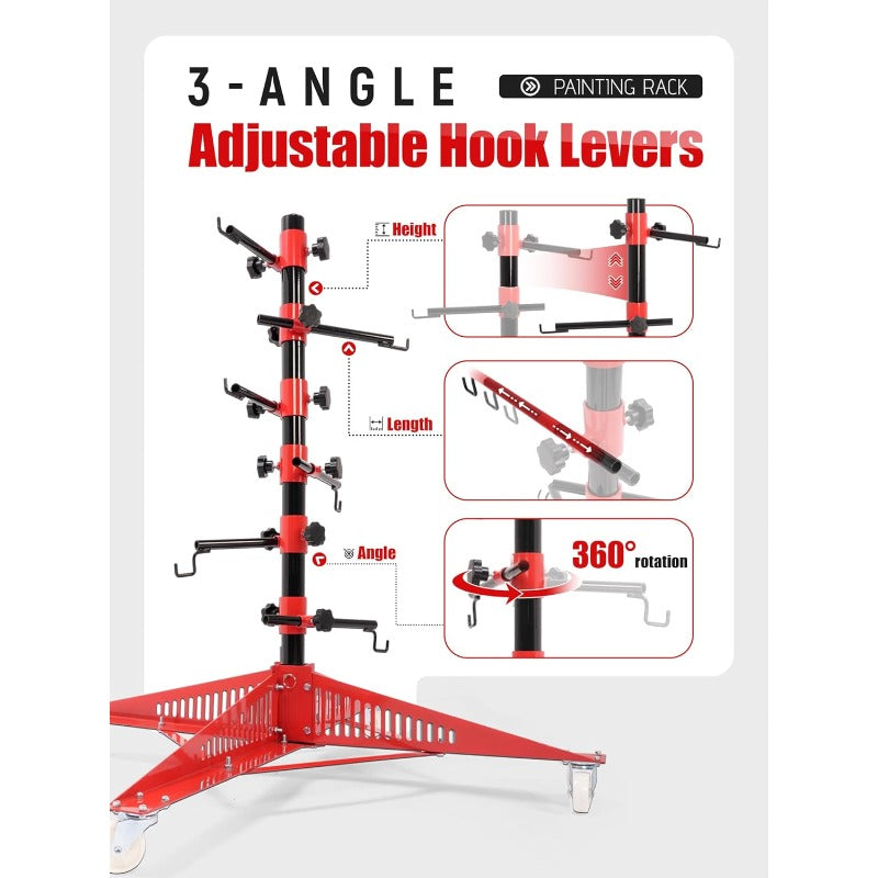43" Panel Tree Paint Stand, 3-Angle 6 Adjustable Hook Levers, Panel Holder, Auto Accessories Repair Tools, w/4Wheels, Painting Rack for Hang Automotive Panels, Doors, Fenders, Bumpers, Car Parts