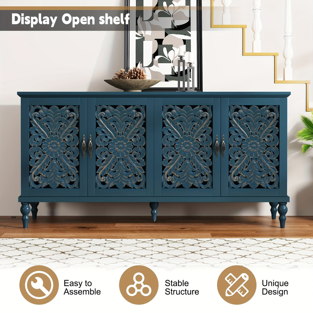 63" Accent Cabinet with 4 Doors, Hollow Carved Vintage Sideboard Buffet with Adjust Shelves, Wood Credenza Storage for Living Room, Dining Room, Kitchen