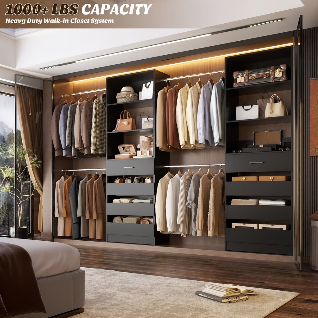 Closet System, Closet Organizer System with 4 Wooden Drawers, Walk-in Closet Wardrobe Clothes Rack with 4 Hanging Rods, Fit for 4-9ft Space, Garment Rack, White, Mounted Closet Systems