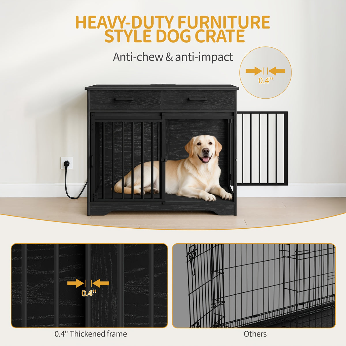 38.2'' Dog Crate Furniture with Charging Station, Barn Door Dog Kennel Indoor with 2 Storage Drawers, Wooden Pet Cage End Side Table for Medium/Large Dogs, Chew-Proof, Black/White Brown