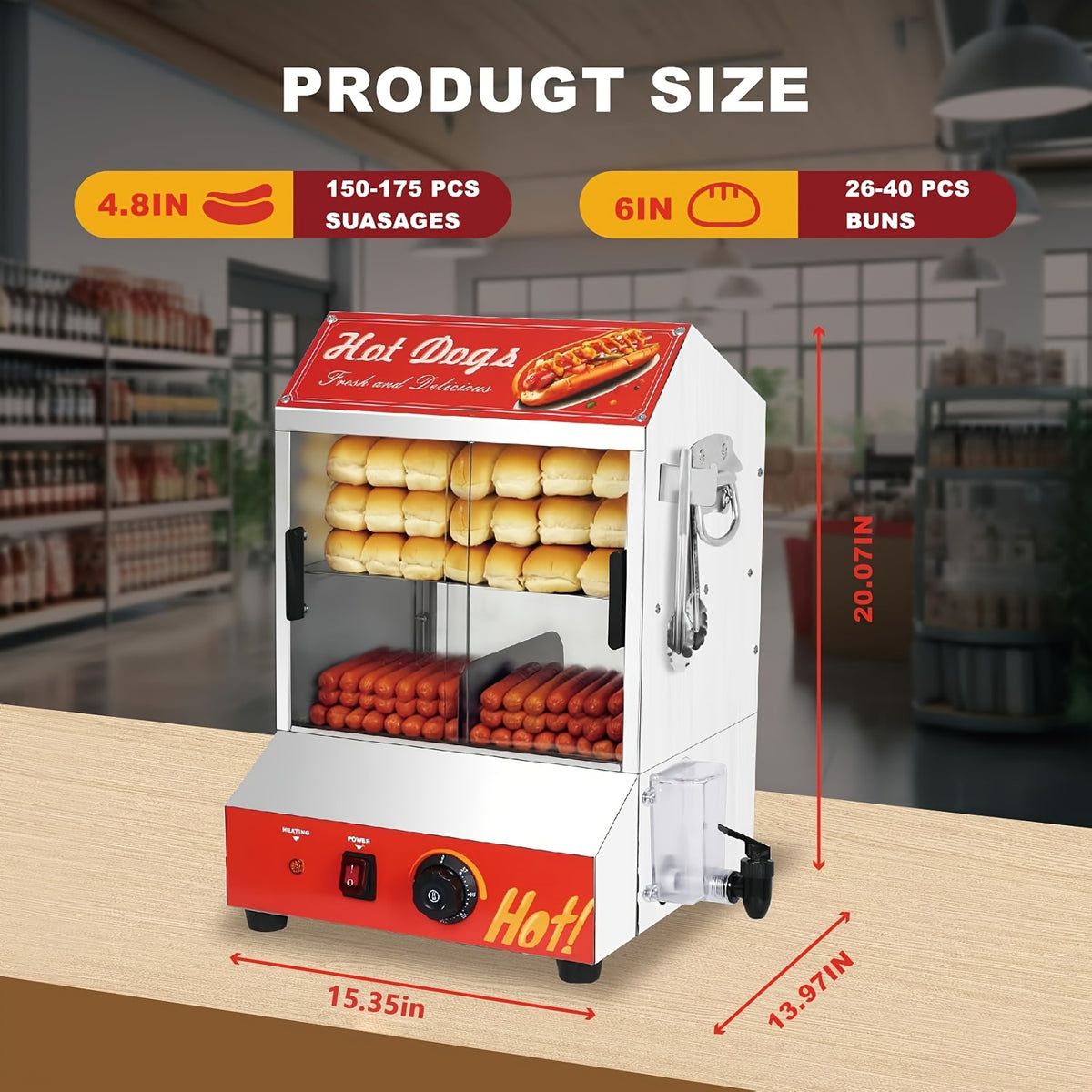 2-Tier Electric Hot Dog Steamer with Bun Warmer - 31.7QT/28.5QT Capacity, Adjustable Temperature, Visible Glass Sliding Door, Holds 175 Hot Dogs And 40 Buns