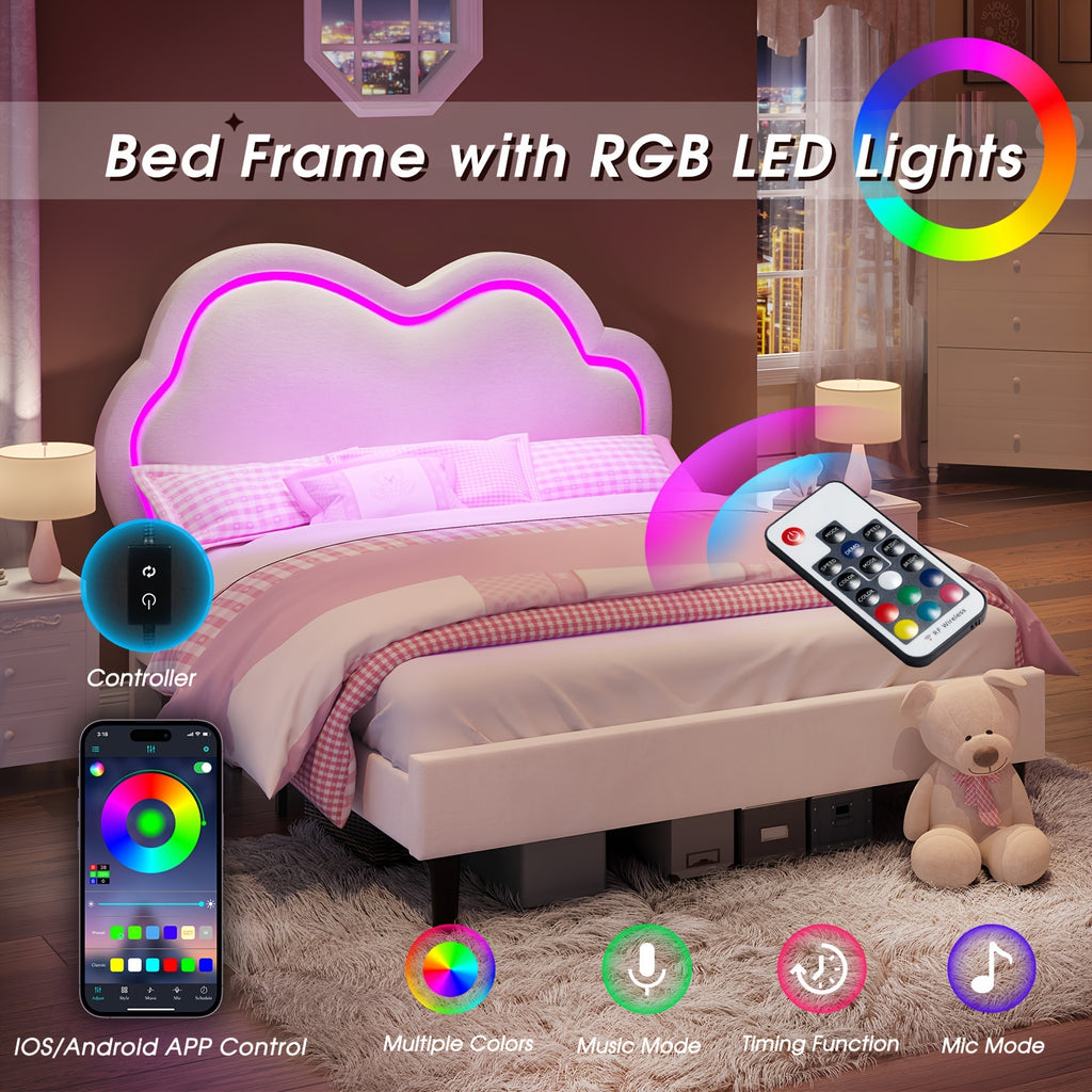 LUXOAK LED Velvet Platform Bed Featuring an Adjustable Cloud Headboard - No Box Spring Needed, Easy Assembly