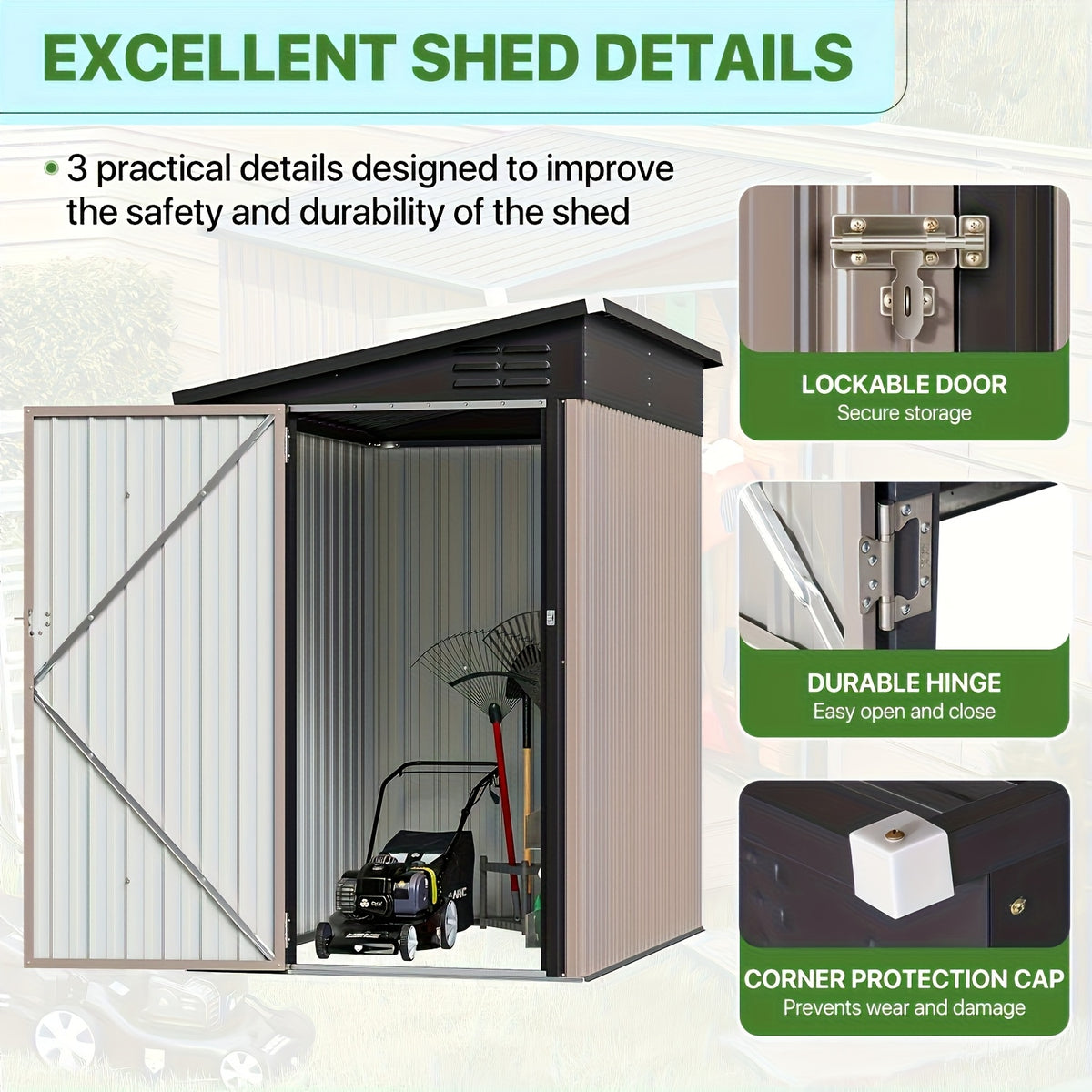 6' X 4' Metal Lean-to Storage Shed, Outdoor Side Storage Cabinet for Patio, Garden, And Lawn (Brown)