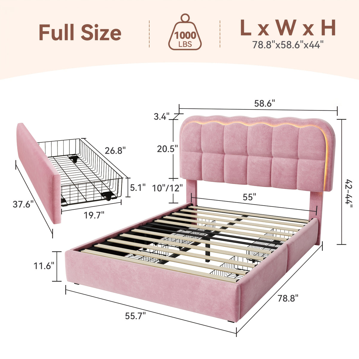 MRAEER Twin/Full/Queen Bed Frame | LED Lighting, 2/4 Storage Drawers, Cloud-Style Soft Headboard, Velvet Modern Platform Bed, Mattress Not Required, Halloween/Christmas Gift, White/Pink/Grey, Hardwood and Metal Construction
