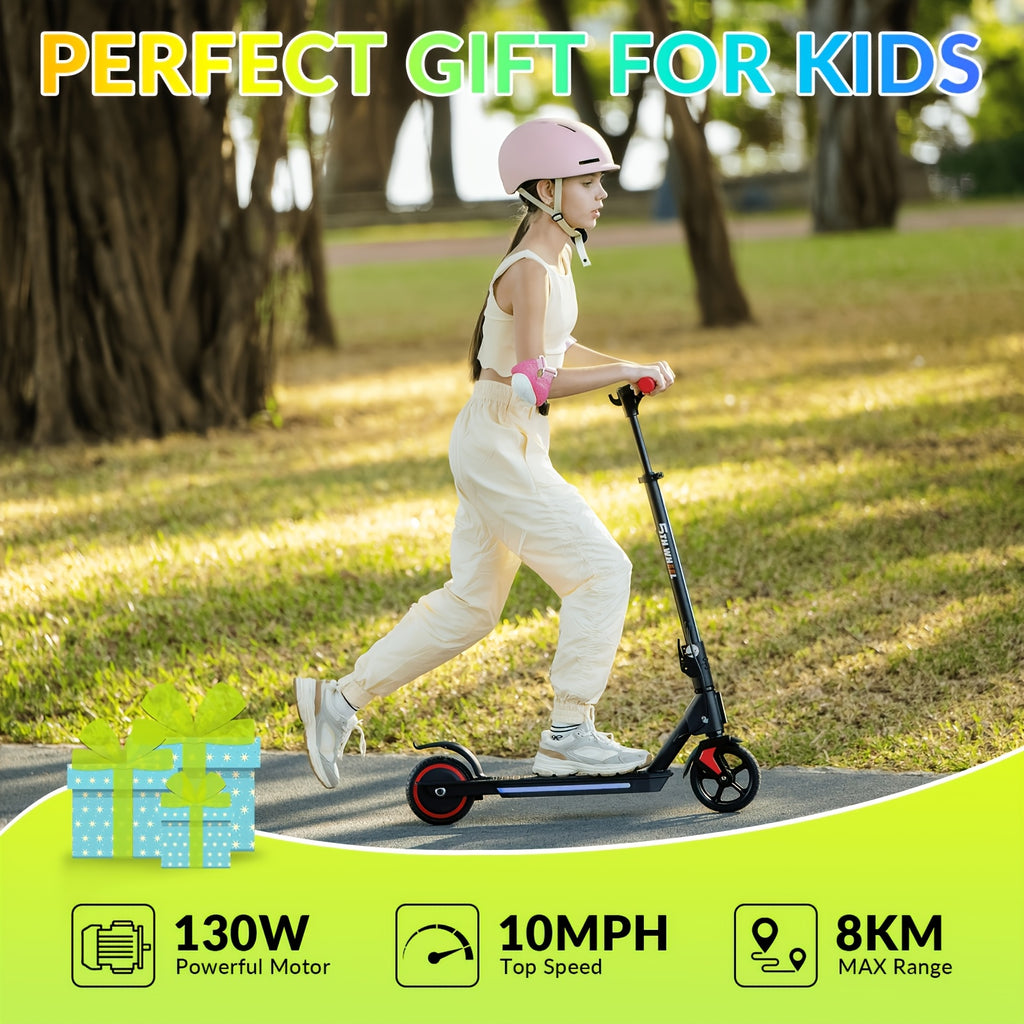 Foldable Kids Electric Scooter with 130W Motor & 10 MPH Speed, 5-Mile Range, 3-Speed Modes, Adjustable Height, Suspension & Rear Brake Suitable for Boys & Girls 6-12 Years, Compact for Short Trips,, Plug