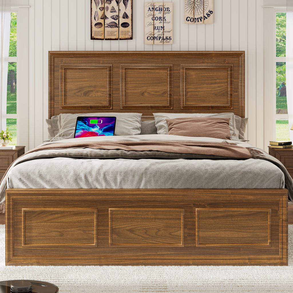Platform Bed Frame with Headboard, Farmhouse Style, Height Adjustable, Brown and White