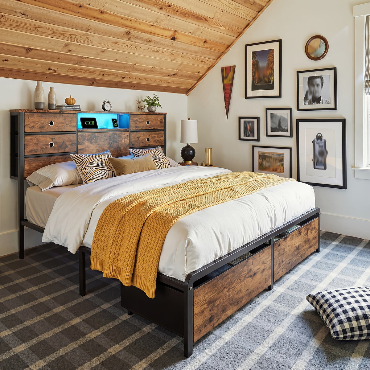 King/Queen/Full Size Storage Bed Frame With 8/9 Drawers & Headboard Storage, Strong Load-Bearing, Multi-Color LED & Power Outlet, Noiseless, Easy Assembly, Black & Tiger Brown