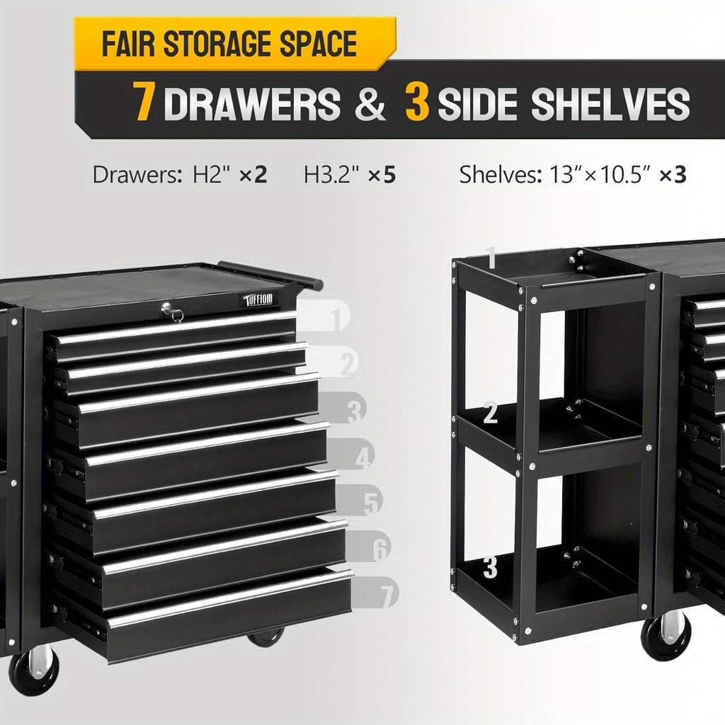 7-Drawer Rolling Tool Chest with Side Shelves, Tool Storage Side Cabinet w/ Lockable Wheels, Top Cushion & Drawer Liners, Tool Organizer Box for Garage, Warehouse & Repair Shop