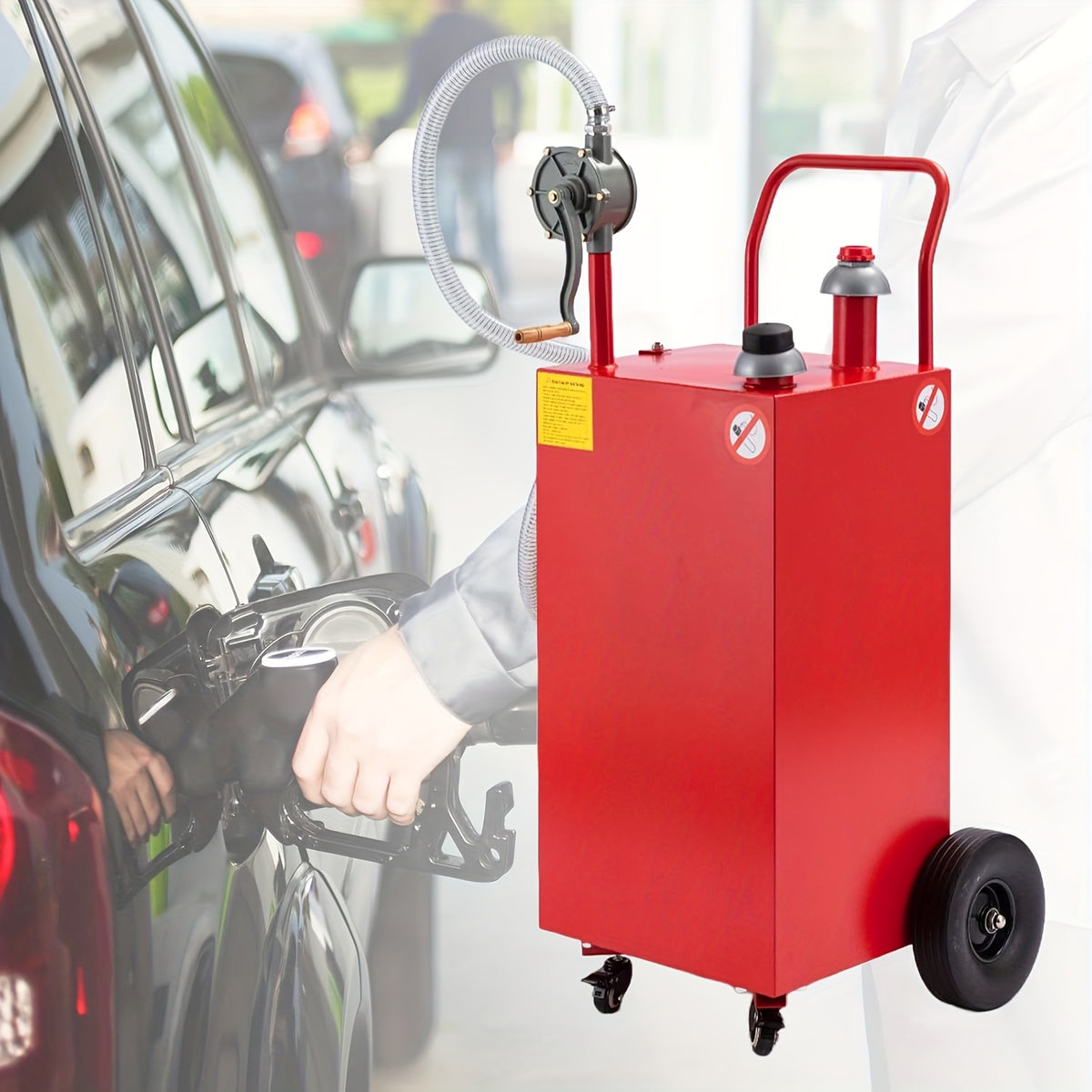 35 Gallon Fuel Caddy - Gas Storage Tank - 4 Wheels Large - Gasoline Container Diesel Can with Manual Transfer Pump And Solid Rubber for Cars, Boats, Lawn Mowers, ATVs, Red