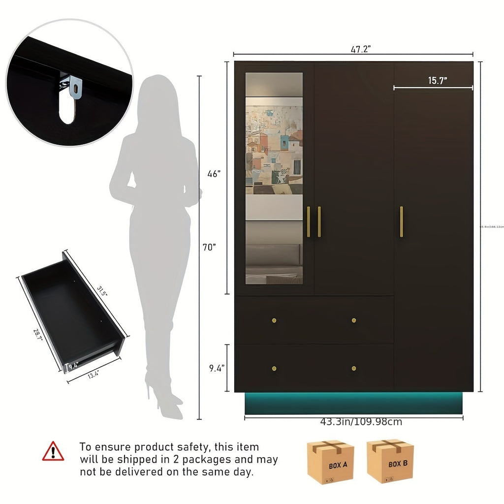 Modern Wardrobe Closet with Mirror And LED Lights, Bedroom Armoire with Drawers And Shelves, Wooden Closet Cabinet with Hanging Rod