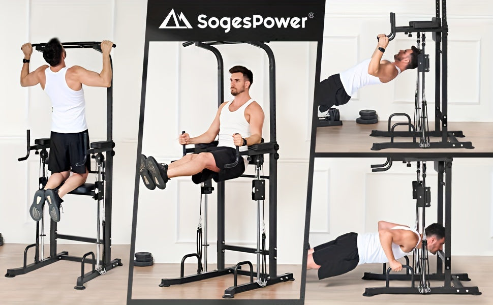 Sogespower Power Tower Dip Station Pull Up Bar for Home Gym Multi-Function Adjustable Height Strength Training Workout Equipment