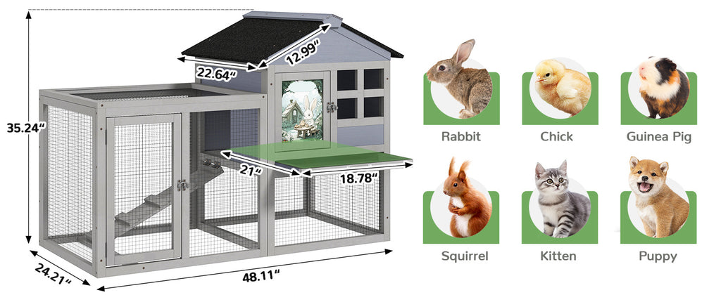 2-Tier Wood Rabbit Hutch, Indoor Outdoor Small Animal House with Removable Tray, Ramp, Openable Roof, Bunny Cage, Grey/Orange with Colorful Patterns