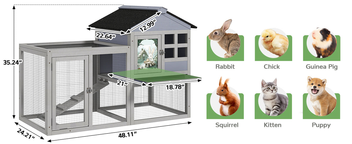 2-Tier Wood Rabbit Hutch, Indoor Outdoor Small Animal House with Removable Tray, Ramp, Openable Roof, Bunny Cage, Grey/Orange with Colorful Patterns