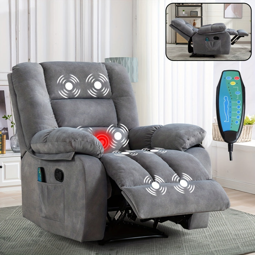 Oversized Manual Recliner Chair with Massage And Heat, Soft Fabric Reclining Single Sofa with Lumbar Heating & 8 Vibration Points, Overstuffed Lounge Chair for Living Room