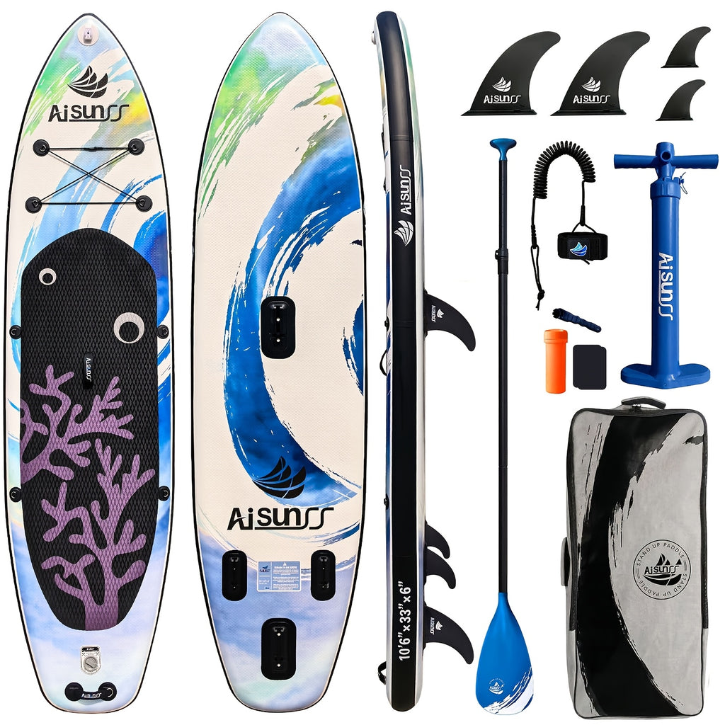 AISUNSS Inflatable Paddle Board For Adult, Paddle Board For All Skill Levels, Wide SUP Board With Primium Accessories Include SUP Carry Bag, Hand Pump, 2.64gal Waterproof Bag And Adj Paddle