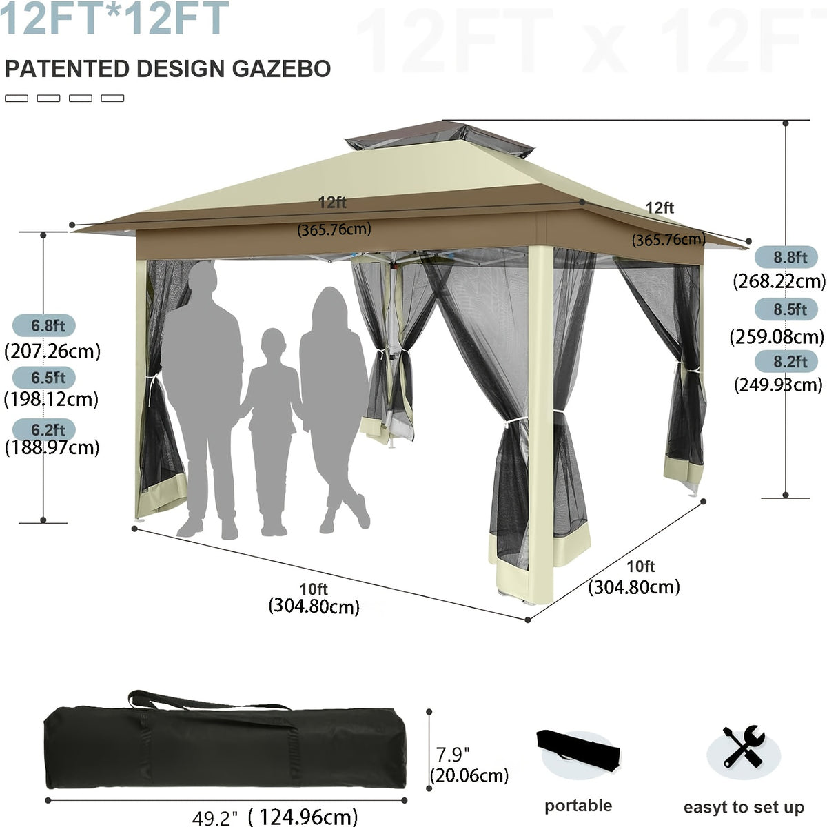 12ft×12ft/11x11ft Pop-up Patio Gazebo, Outdoor Gazebo with Mosquito Net, Double Roof Ventilation, 121 Square Feet Shade, Suitable for Lawns, Gardens, Backyards, and Decks