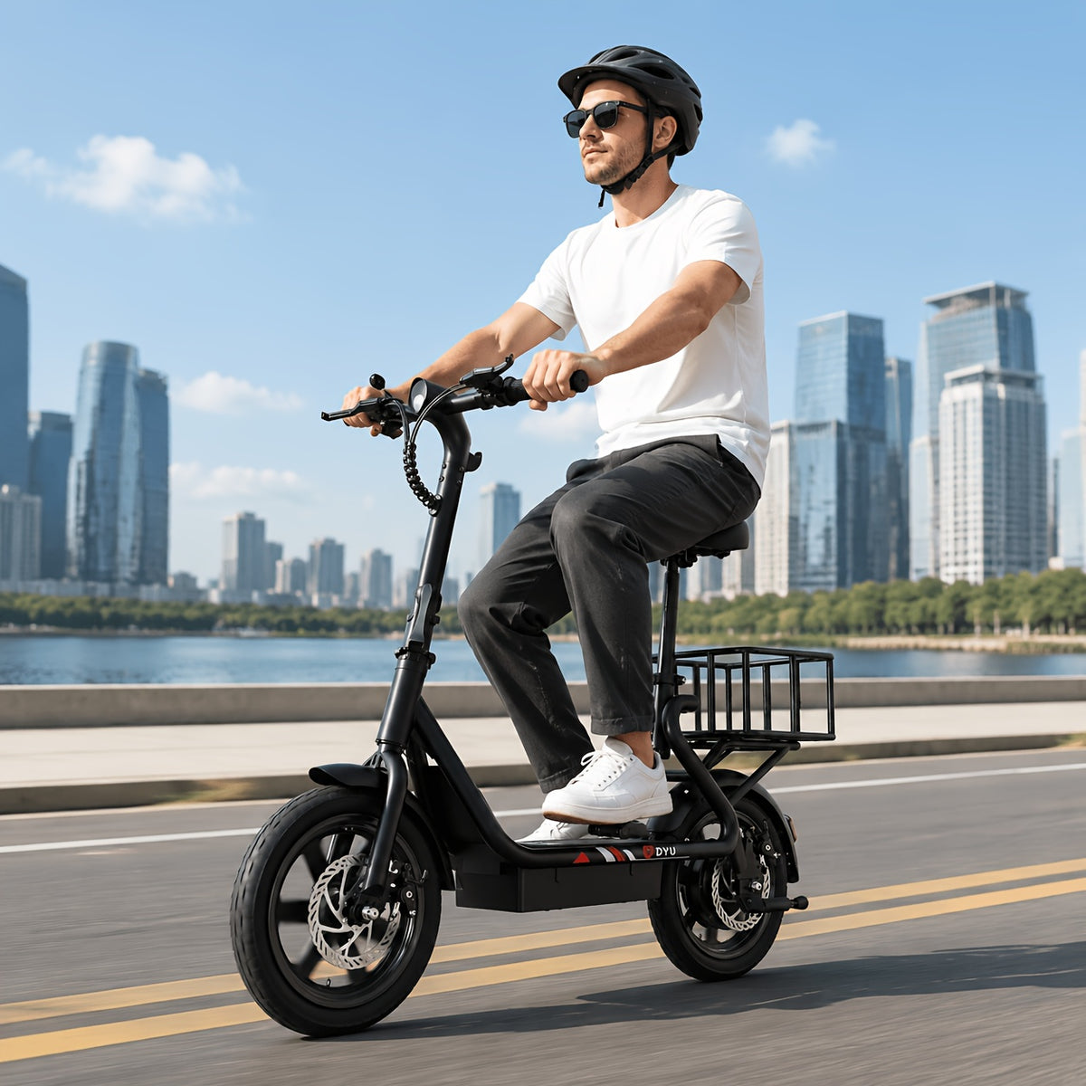 DYU 350W 14" Folding Electric Scooter with Seat - 20-Mile Range, 36V 7.8Ah Battery, Rear Basket & Double Disc Brakes, Compact Portable E-Scooter for Adults, Urban Commuting & Long-Distance Travel, Scooter Electric Fast