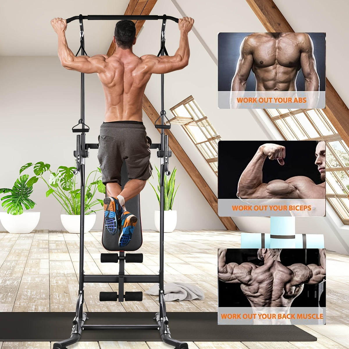Power Tower With Bench Height Adjustable Pull Up Bar Stand Dip Station With Folding Weight Bench And 4 Ropes, 400lbs, For Home And Gym