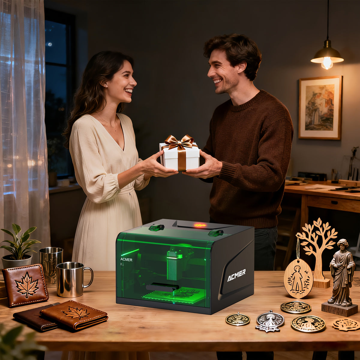 ACMER K1 Laser Engraver: A 2500mW Desktop Laser Engraving Machine With A 150×150mm Working Area And A 0.08mm Fine Engraving Spot. This Compact Laser Cutter Is Ideal For Wood, Plywood, And Acrylic Materials, Meeting The Needs Of Crafters And Small Bu