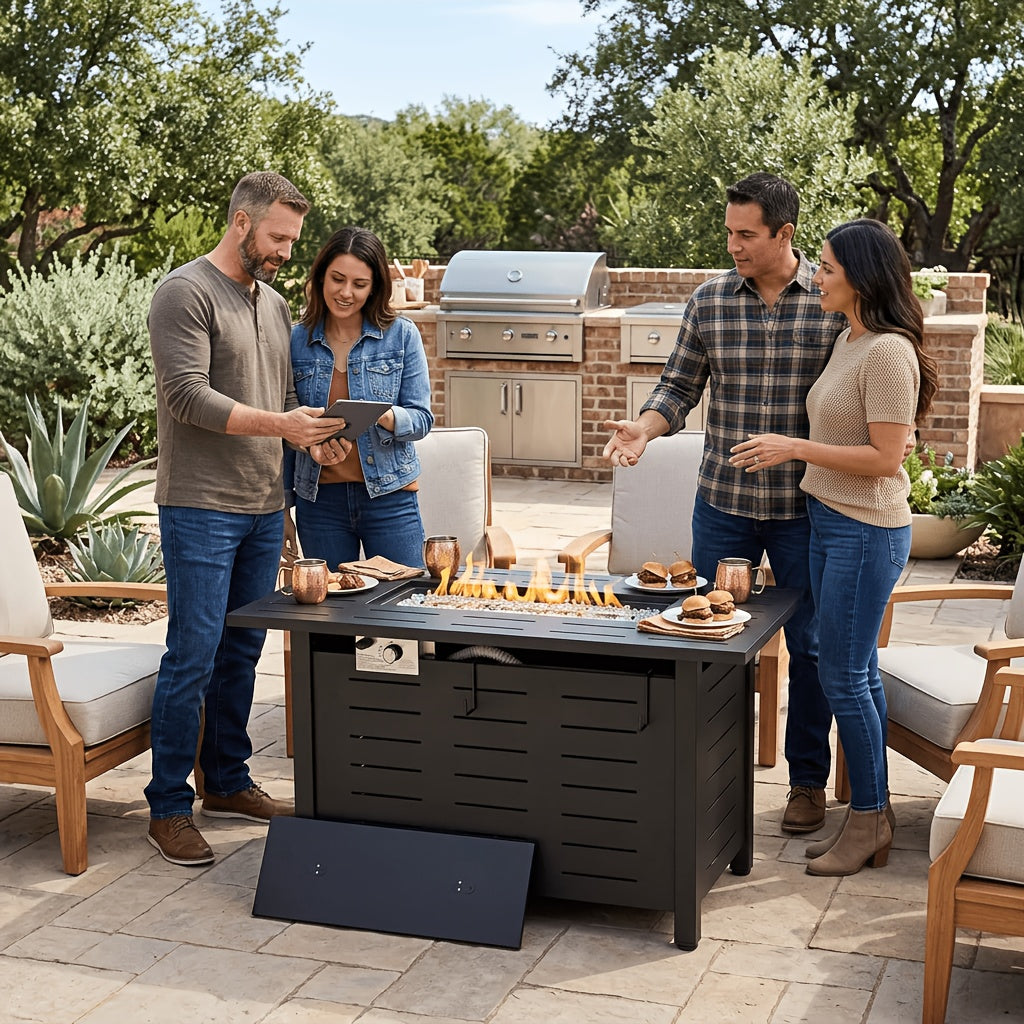 40"/44" Outdoor Propane Fire Pit Table - 50,000 BTU Gas Firepit with Ignition System, Powder-Coated Steel (Black/Brown) W/ Lid, Rocks & Waterproof Cover - Self- for Patio, Backyard, Deck - Propane Heater, BBQ Firewood-Free