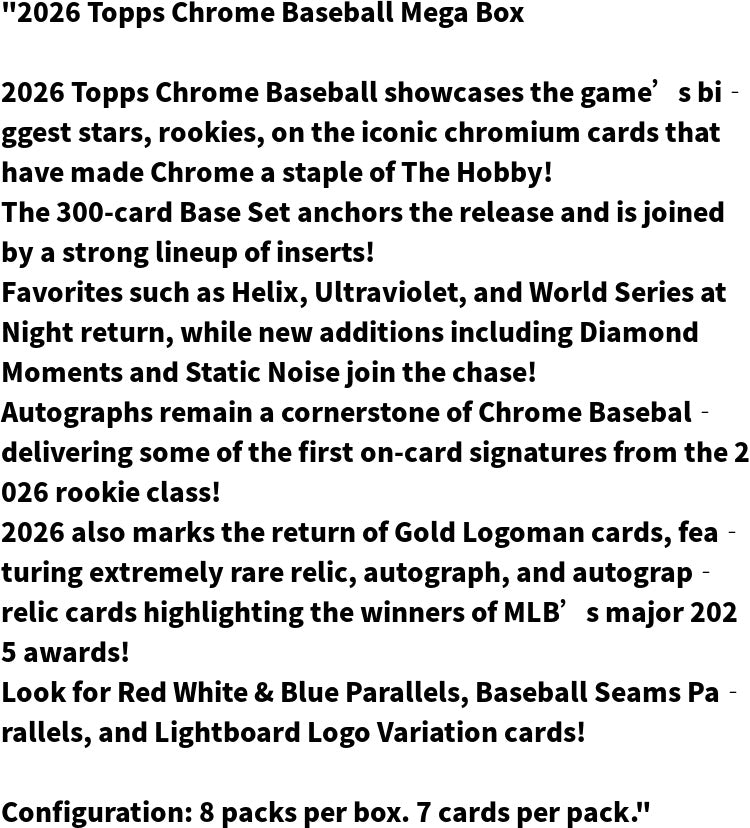 2026 Topps Chrome Baseball Trading Card Factory Sealed Mega Box (56 Cards) And 2026 Topps Series 2 Baseball Hobby Pack (12 Cards) Bundle Set