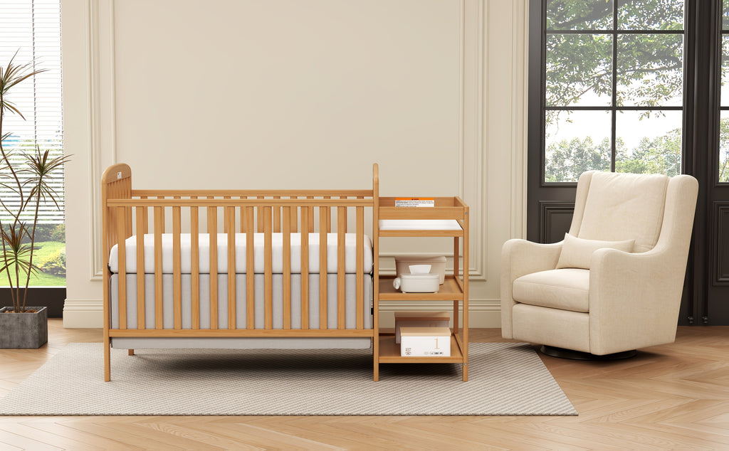 Goldzone 4-in-1 Convertible Baby Crib, Wooden Baby Stuffs Converts Into Toddler Bed with Changing Table, Newborn Essential Items Full Size Nursery Decor Cribs, Adjustable Heights, Item Weight: 56lbs, Maximum Weight Recommendation: 50lbs