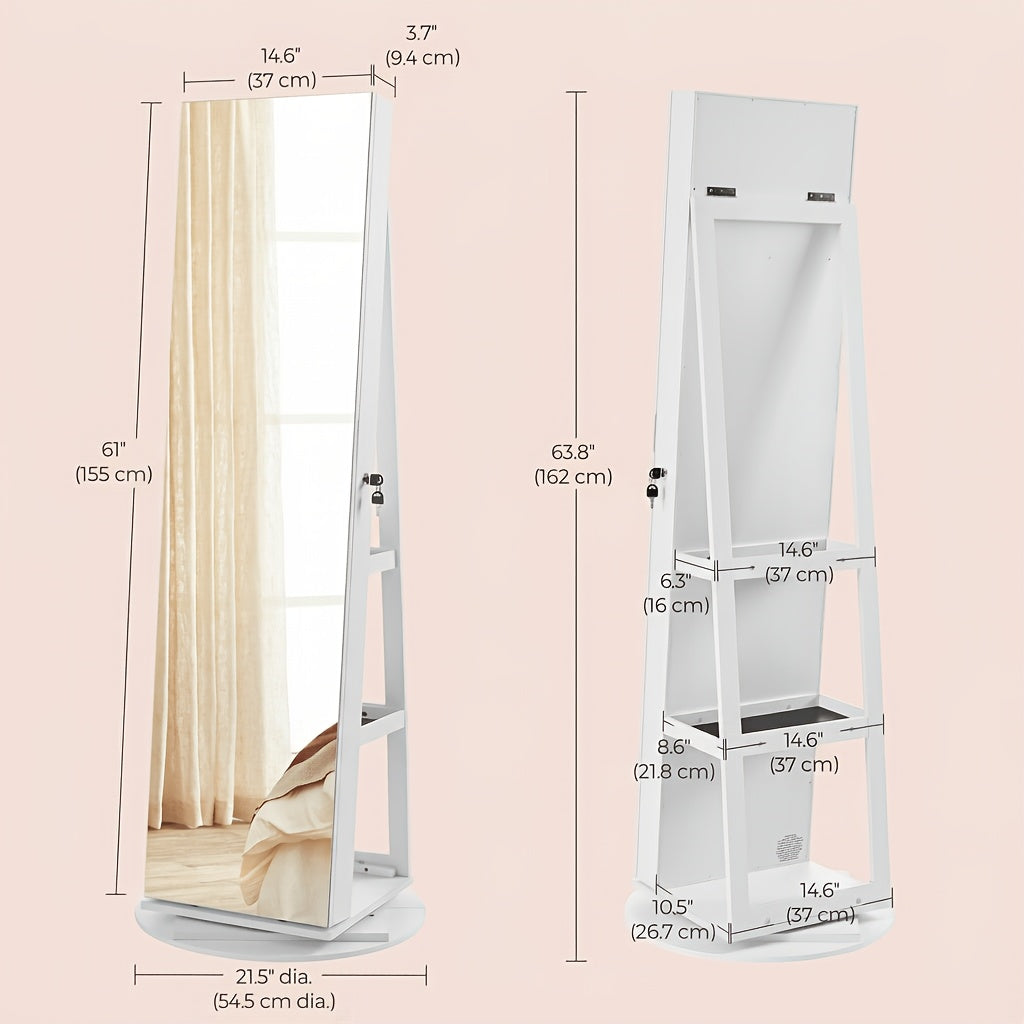 6 LEDs Lockable Mirror Jewelry Cabinet, 360° Swivel Jewelry Organizer Armoire Standing, Frameless Full-Length Mirror, 3 Storage Shelves, Christmas Gifts, Jewelry Armoires